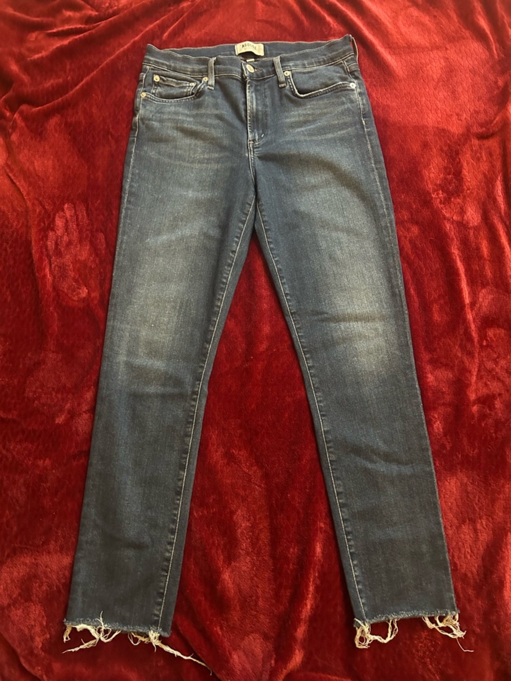 Agolde Sophie Cropped Blue Denim Raw Hem Jeans Womens Size 29